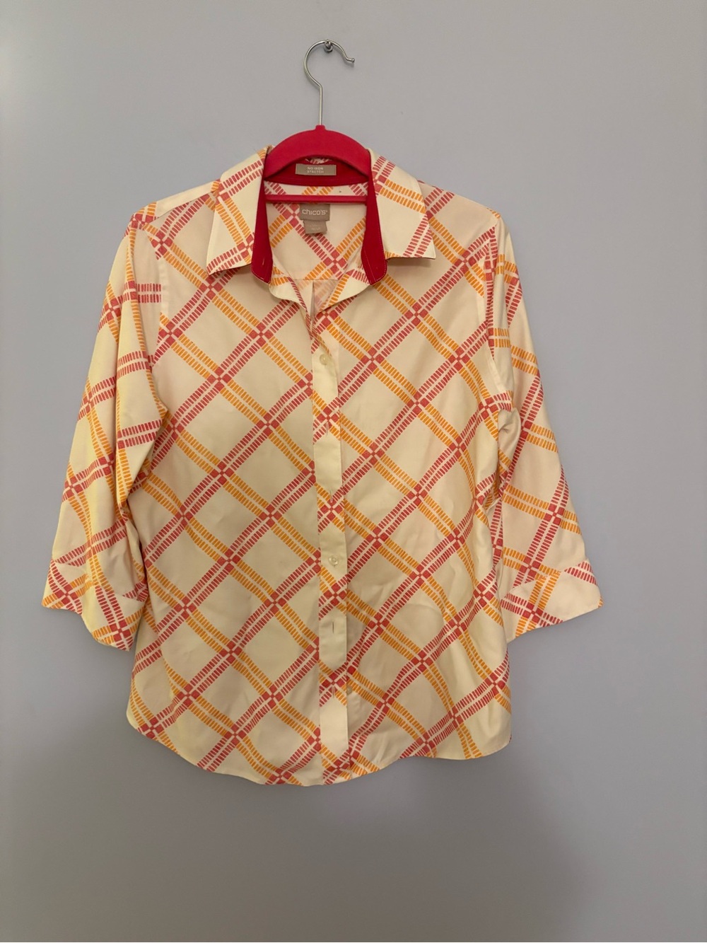 Chico's Ladies Cream Plaid Button-Up Shirt with Red & Yellow Accents. Size 1